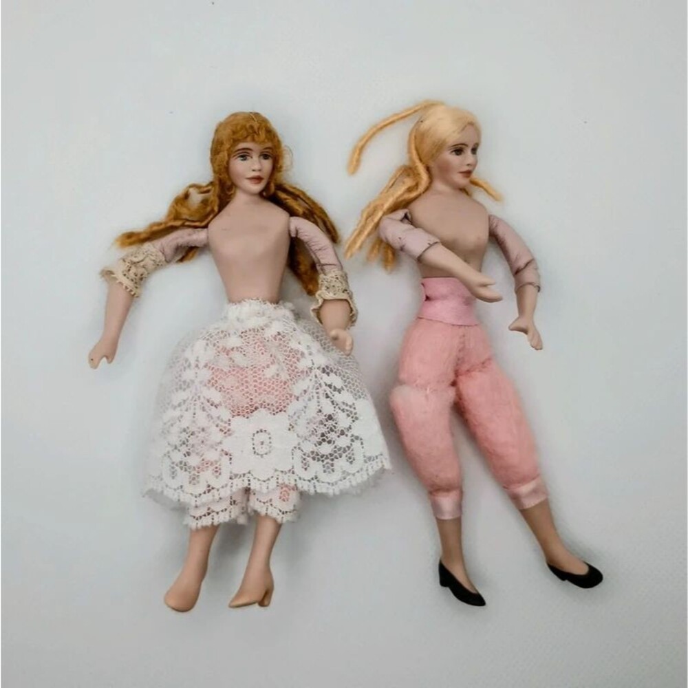Cathy Hansen Signed 1992 Pair 5.5" Bisque Cloth Artist Dolls Miniature Vintage